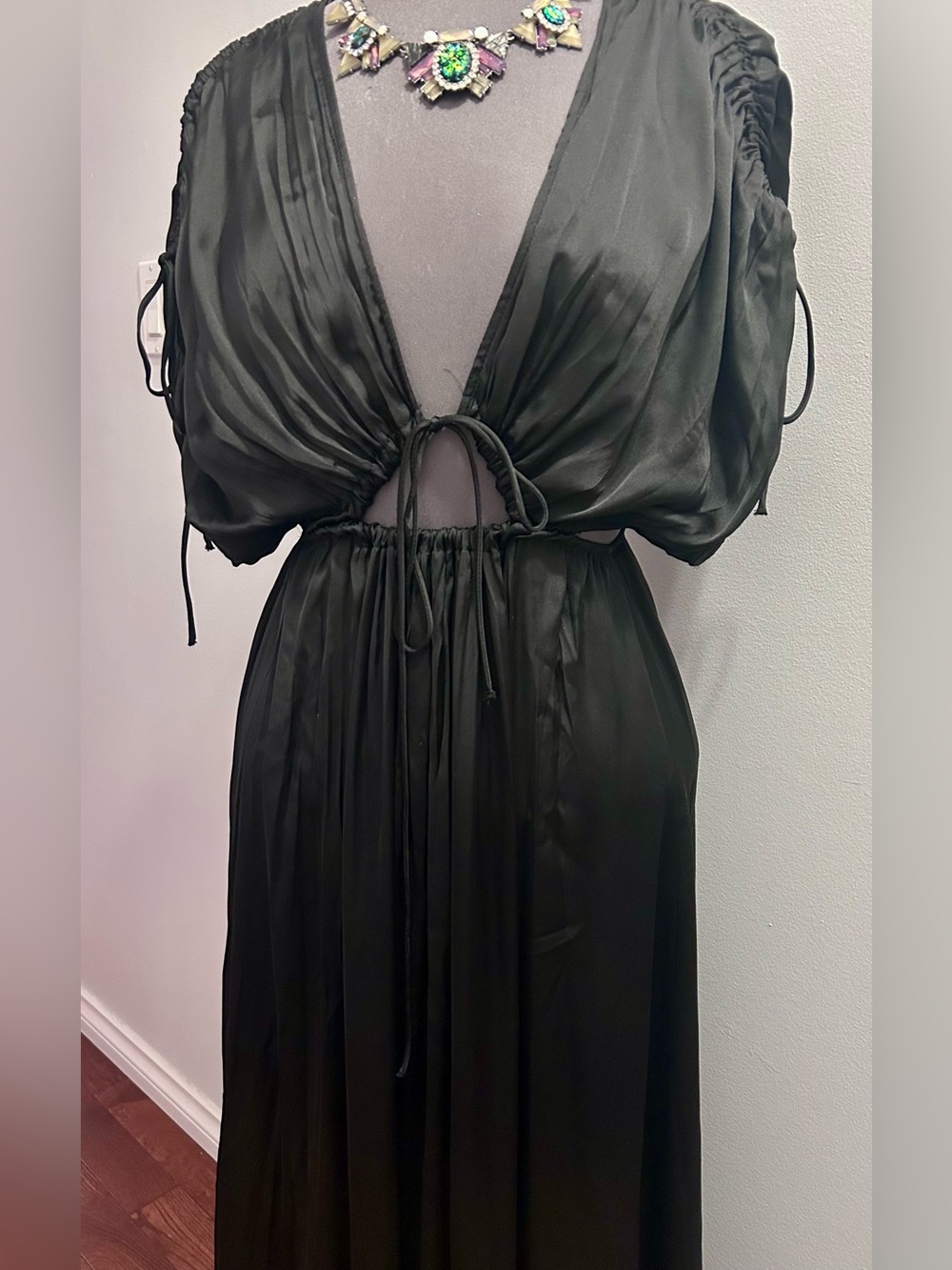 NWT ZARA Black Silky Maxi Dress cut Outs Drawstring Sleeves
